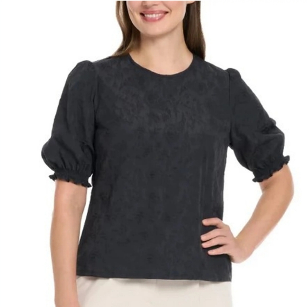 Ted Baker Puff Sleeve Blouse Black Women'sSize Extra Large Floral Button Closure